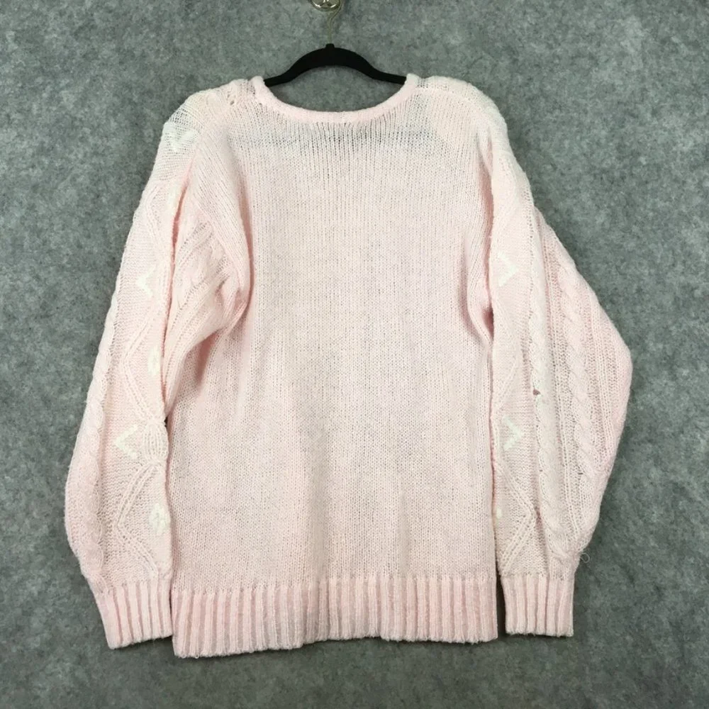 Vintage Grandma Sweater M Pastel Pink Cable Knit Oversized Balloon Sleeve White